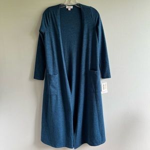 Lularoe Sarah Duster Long Open Front Jacket Pockets Blue Stretch Sz XS NWT